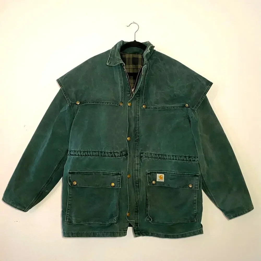 Carhartt Vintage Cape Chore Coat Green Canvas Cotton Front Snap Zip Men's Large